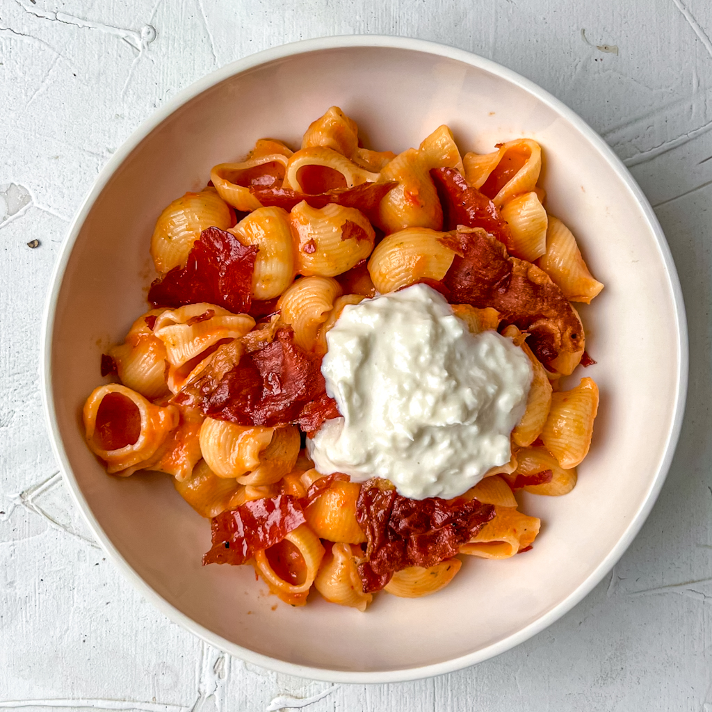 Roasted Paprika Pasta with Crispy Prosciutto di Parma Eva